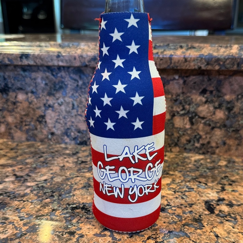 American Flag Bottle Cover Lake George NY  Koozie bottle opener keep drinks cold